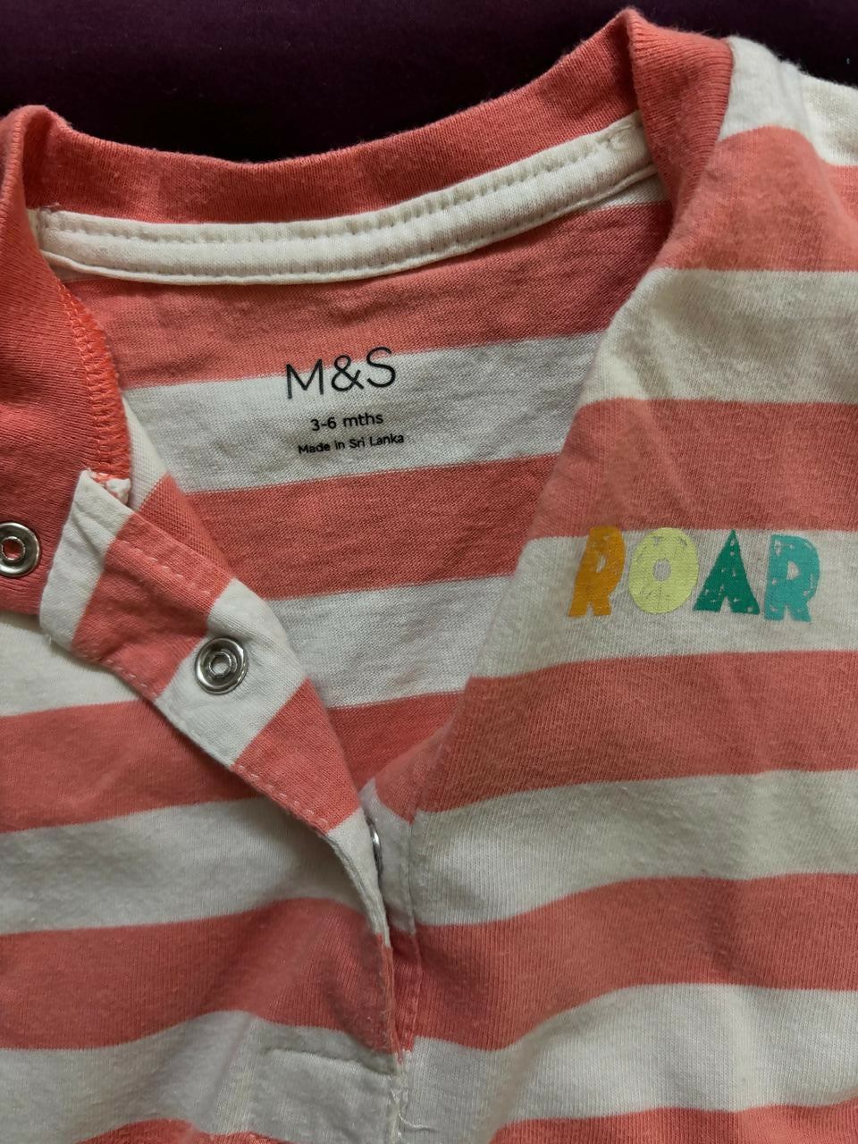 MARKS & SPENCER cotton romper – striped orange/white, 3–6 months, breathable & barely used.