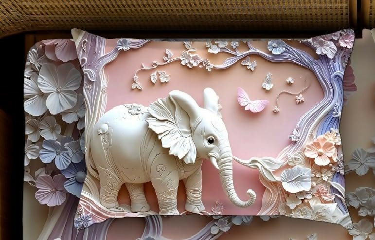 Decorative pillow with an elephant and floral design