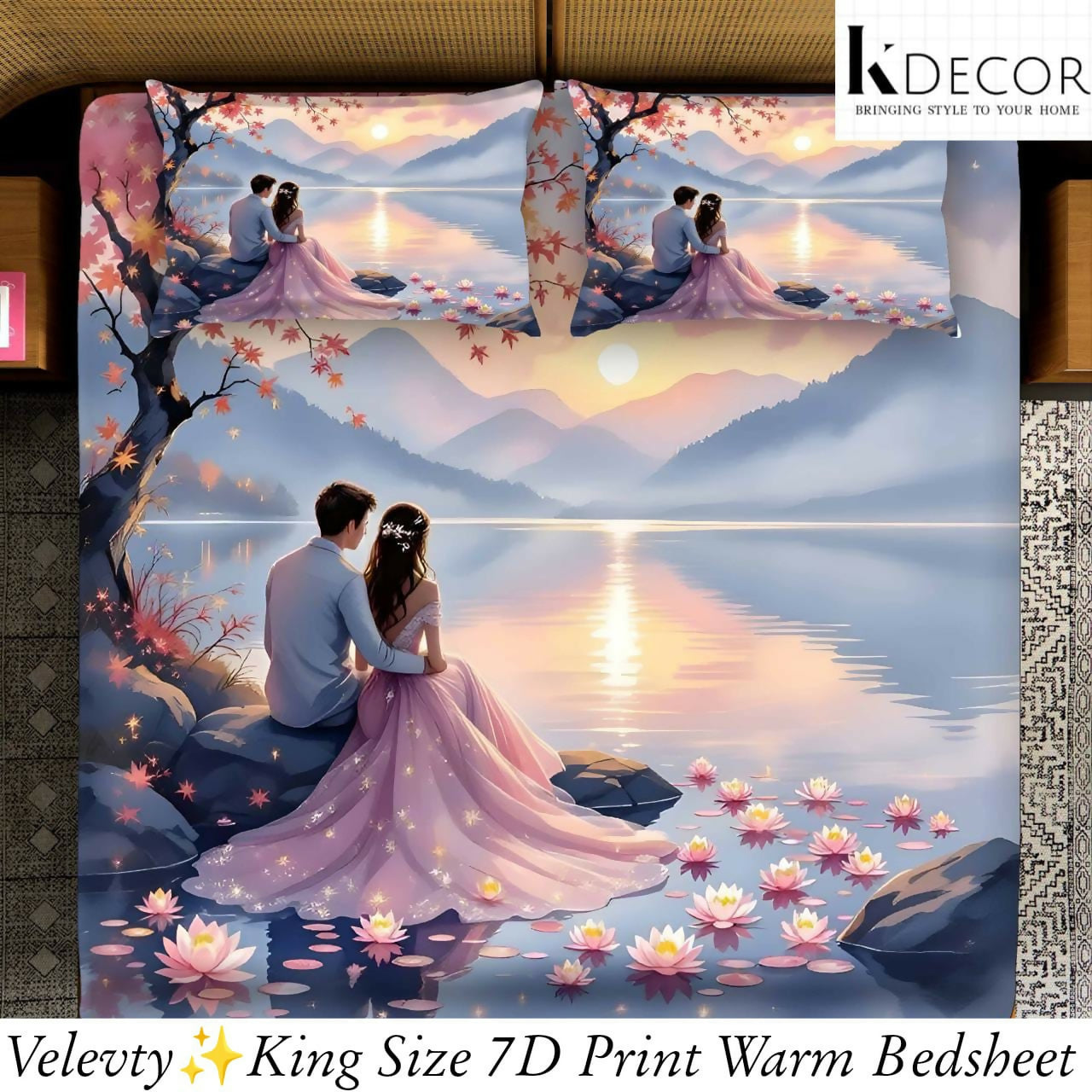 Decorative bedding set with a couple by a lake and cherry blossom trees bedsheet.