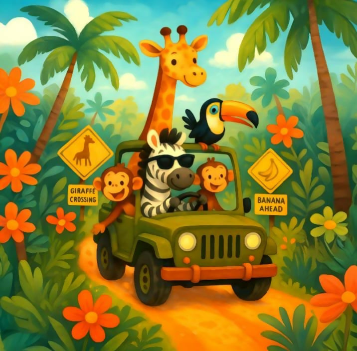 Illustration of a jeep with animals in a jungle setting