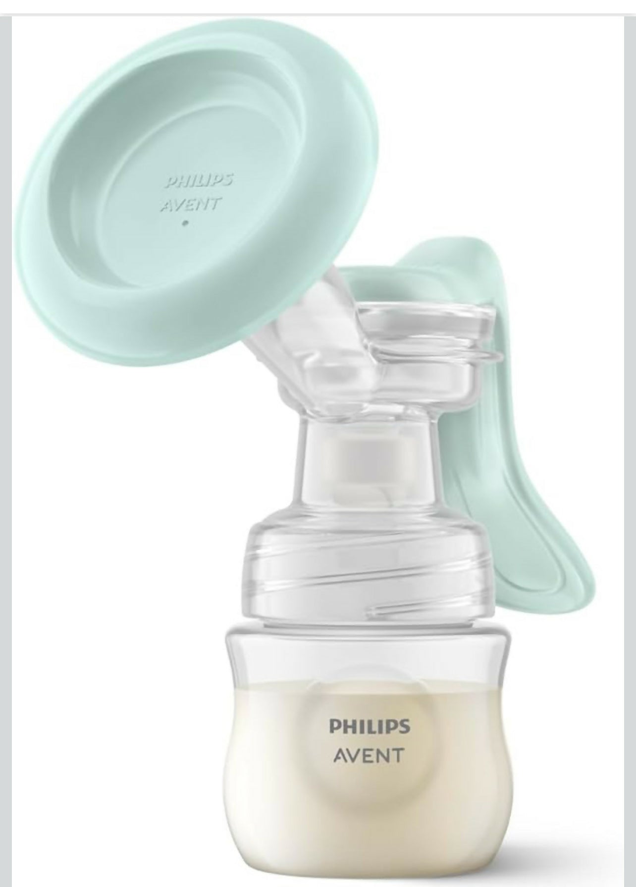 Philips Avent breast pump with a green cover on a white background