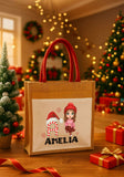 Decorative bag with a cartoon character and 'Amelia' text, set against a festive background with Christmas trees and lights.
