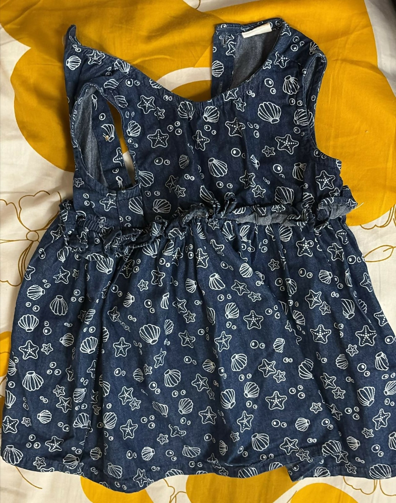 Navy blue fabric with white patterns on a yellow background