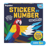 BeginBird Sticker by Number Zoo Animals kit packaging with a parrot illustration on a blue background.