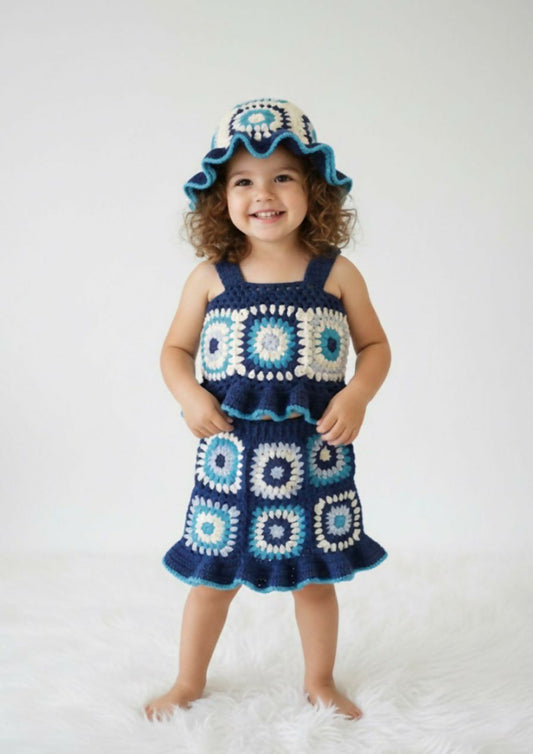 Crochet 2-Piece Dress with Hat for Girl