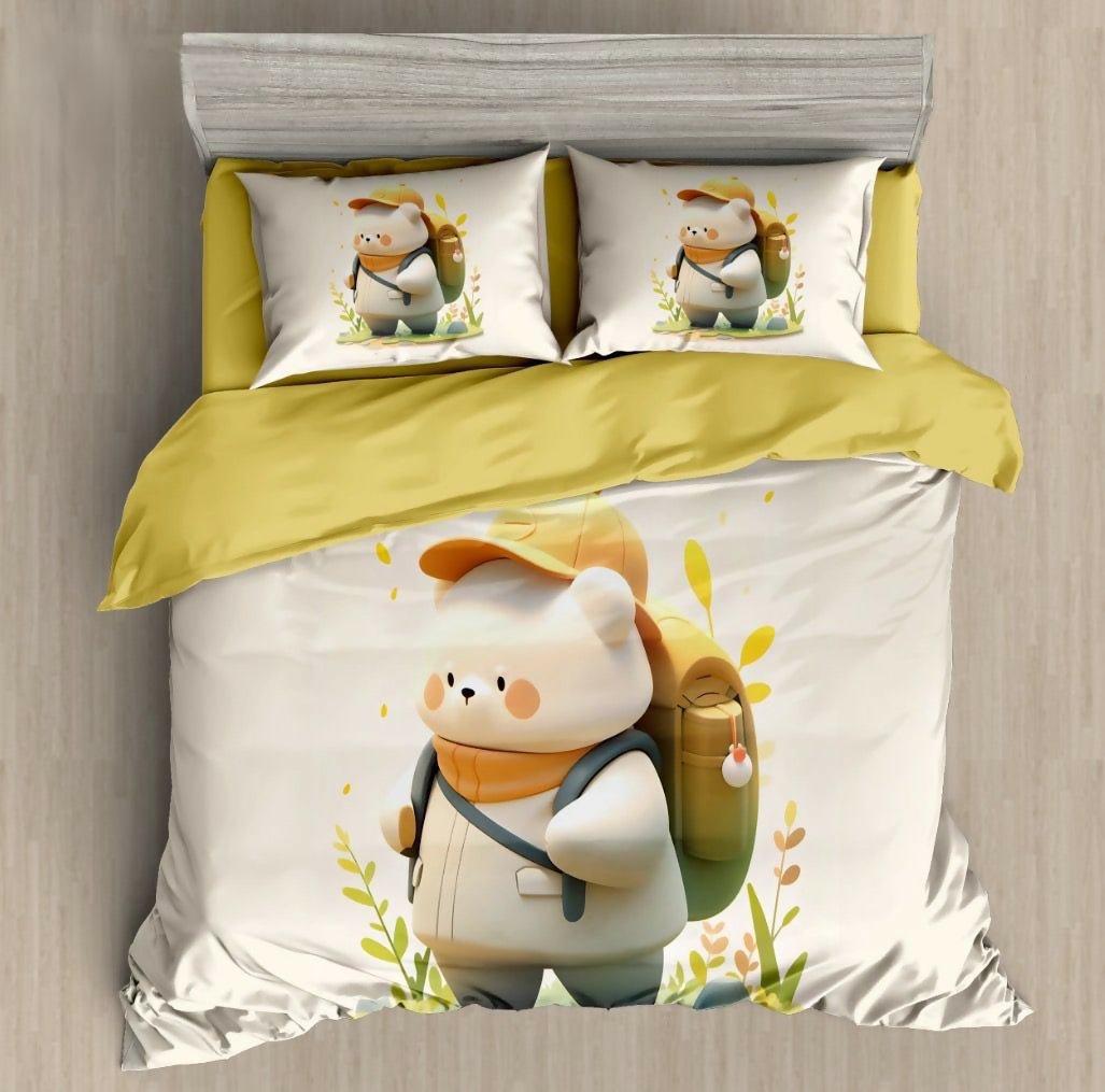 Bedding set with cartoon character design on a bed