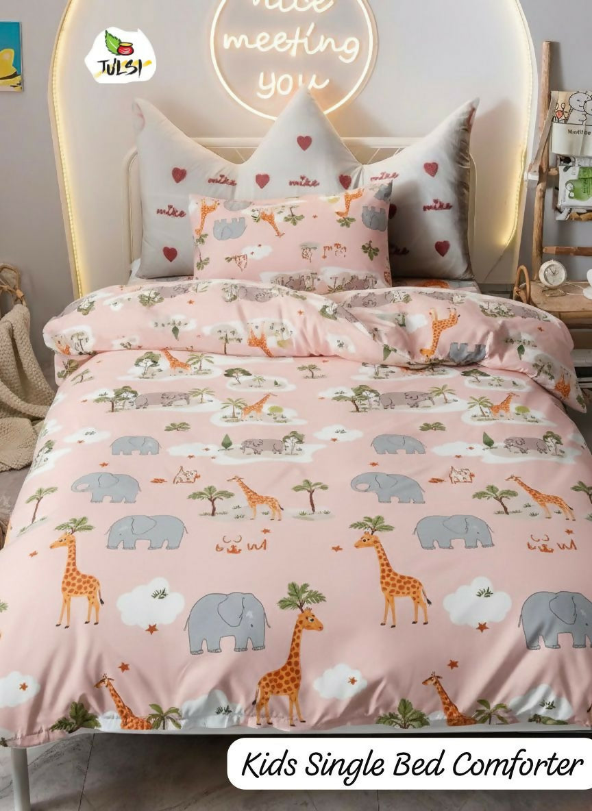Children's single bed comforter with animal pattern on a bed