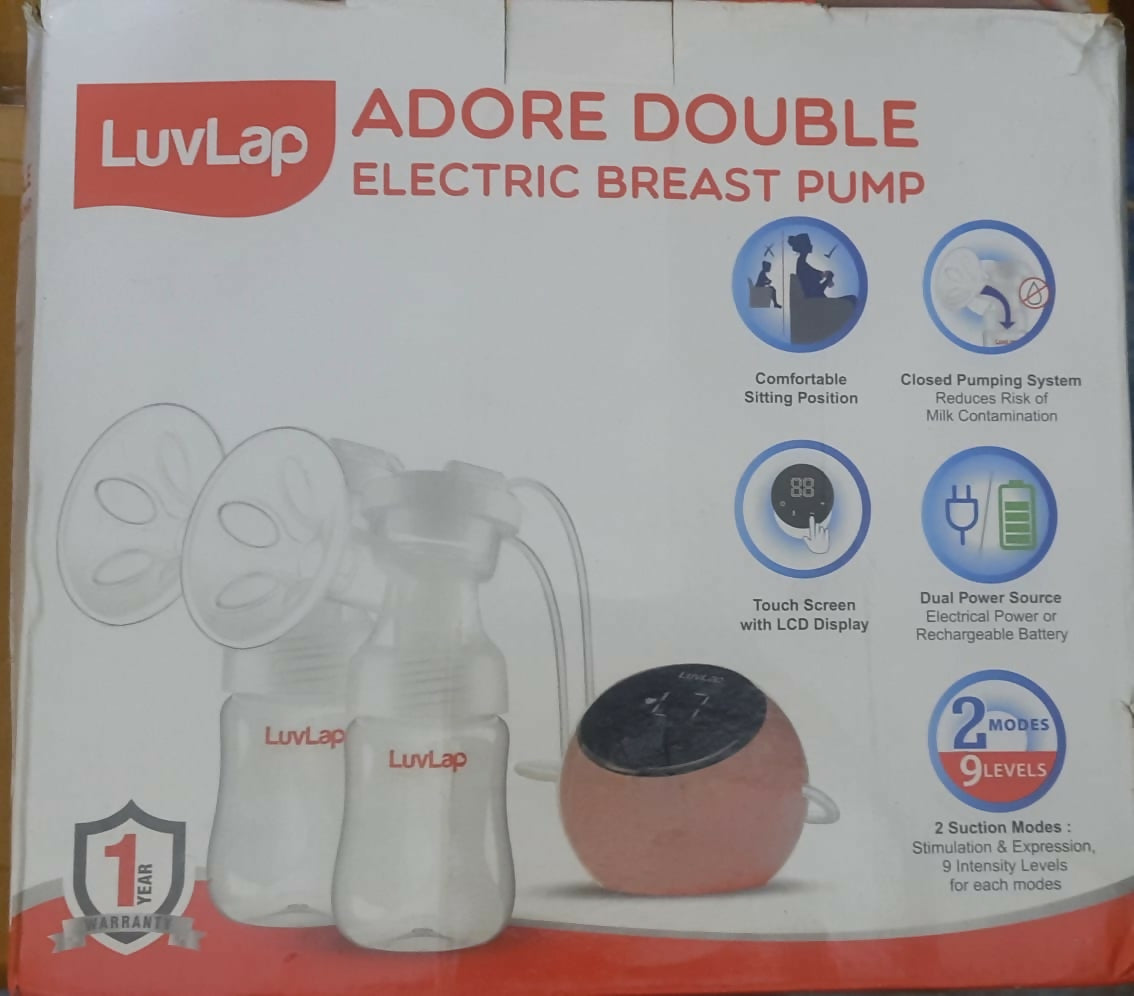 Luvlap Adore Double Electric Breast Pump packaging with product illustration and features.