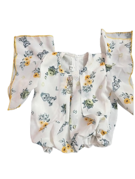 Baby 2-Piece Outfit Set, Floral Print Romper with Yellow Trim and Plaid Shorts, White and Greypreview