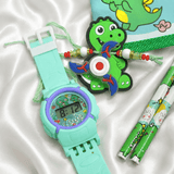 ILEARNNGROW Luggage Packing Stationery Rakhi Combo – Complete School Essentials Gift Set with Watch, Wallet & Rakhi- Green