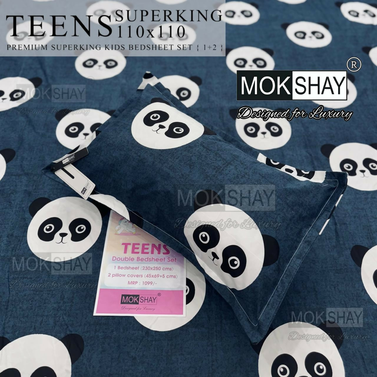 Mokshay Teens double bedsheet set with panda design on a blue background