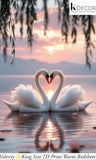 Two swans forming a heart shape on a lake with a sunset bedsheet.