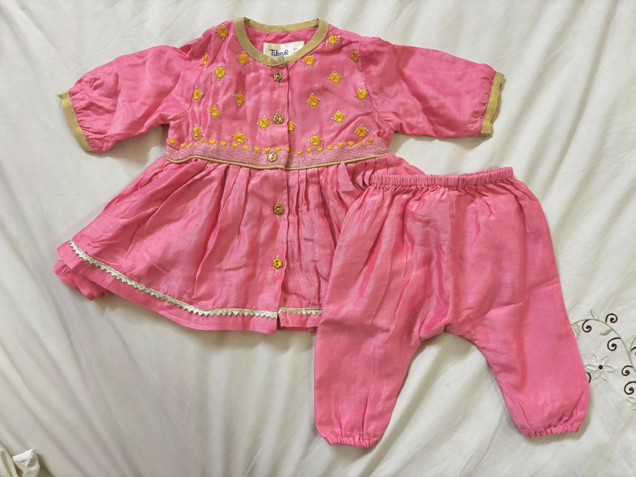 TIBER TABER pink angarakha kurta & pyjama – elegant embroidery and cultural charm in a comfortable boys’ ethnic set.