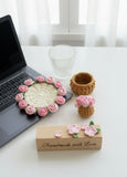 Crochet Rose Flower Coaster with Tiny Basket Set of 6