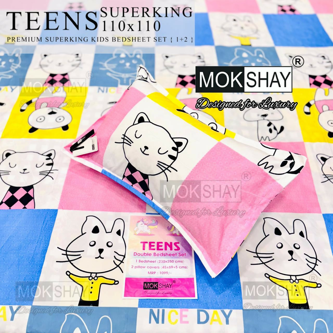 Mokshay Teens Superking kids bedsheet set with cartoon designs on a checkered background