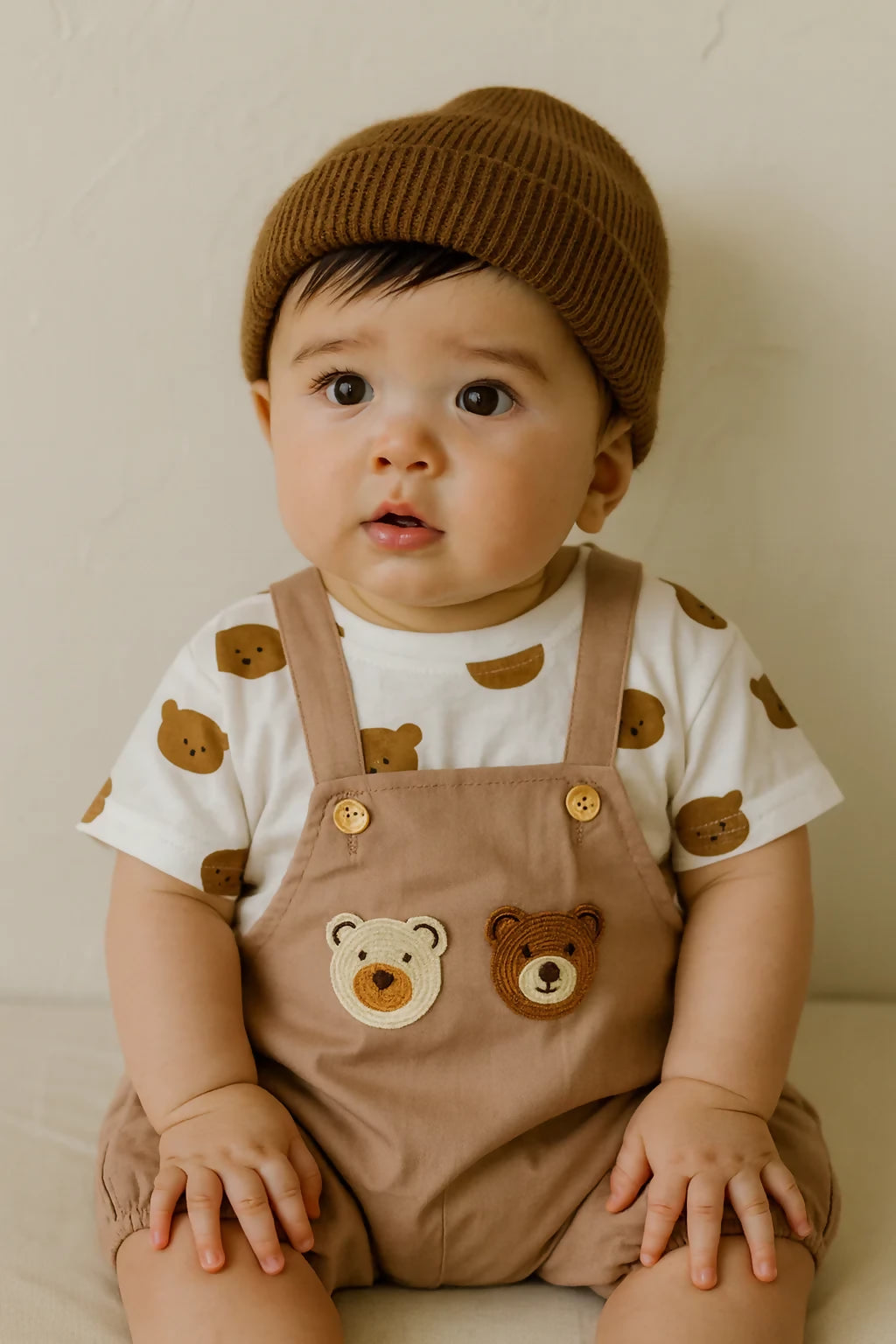Baby wearing a brown knit hat and bear-themed overalls sitting on a white surface.