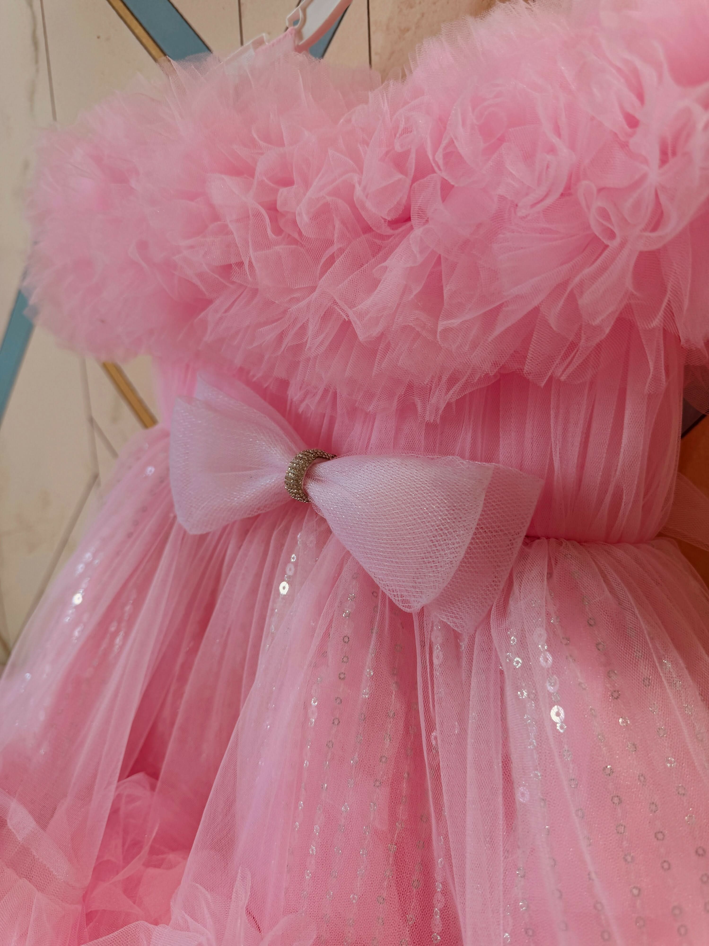 Girls Balloon Frill Party Dress - Baby Pink Frock ( 9-12 m)