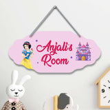 Pink personalized room sign with cartoon character and castle design