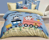 Children's bedding set with cartoon train design on a bed