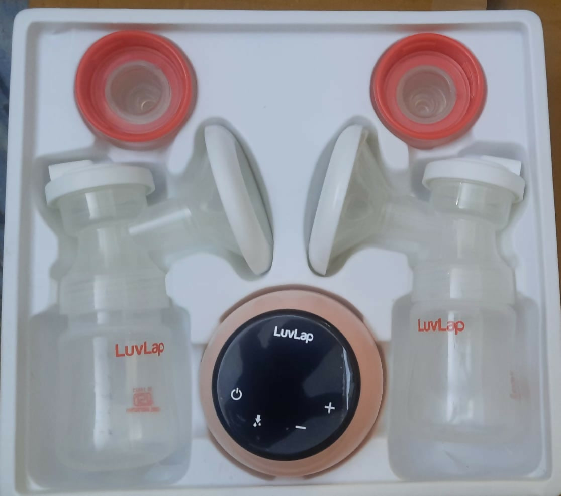 LuvLap breast pump set with bottles and control panel in a white box.