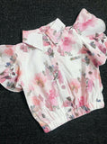 Girls' Floral Print Crop Top, Puff Sleeves, White and Pink, Collared Button-Down