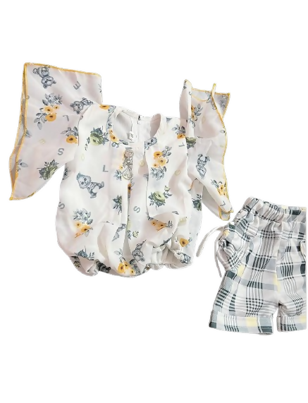 Baby 2-Piece Outfit Set, Floral Print Romper with Yellow Trim and Plaid Shorts, White and Grey