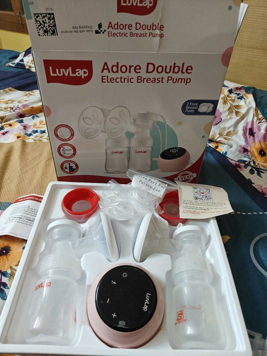 Luvlap Adore Double Electric Breast Pump with packaging on a floral background