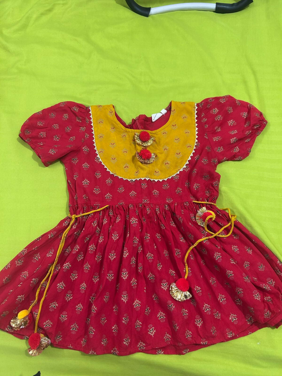 Saka Designs By Sapna Half Sleeves Floral Motif Foil Printed & Lace Embellished Top Dhoti And Dupatta Set - Red & Mustard Yellow