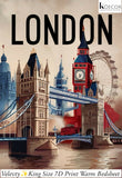 Decorative bedsheet with London-themed design featuring iconic buildings and the word 'London'.