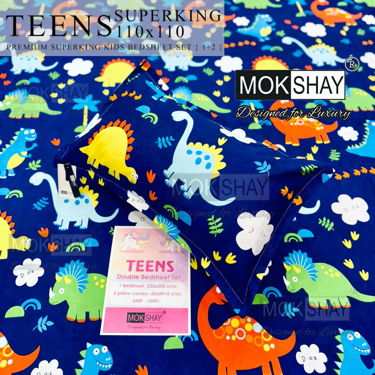 Mokshay Teens dinosaur-themed bedsheet set with packaging on a blue background