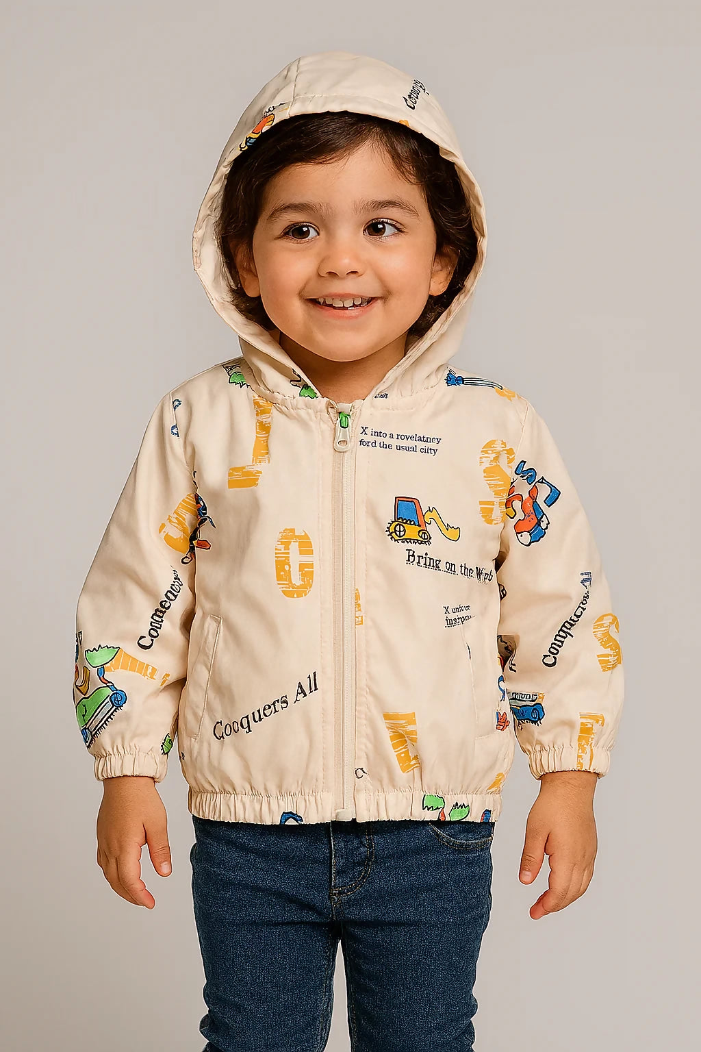 Child wearing a beige jacket with colorful graphics and text