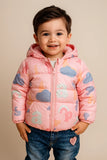 Child wearing a pink puffer jacket with cloud patterns