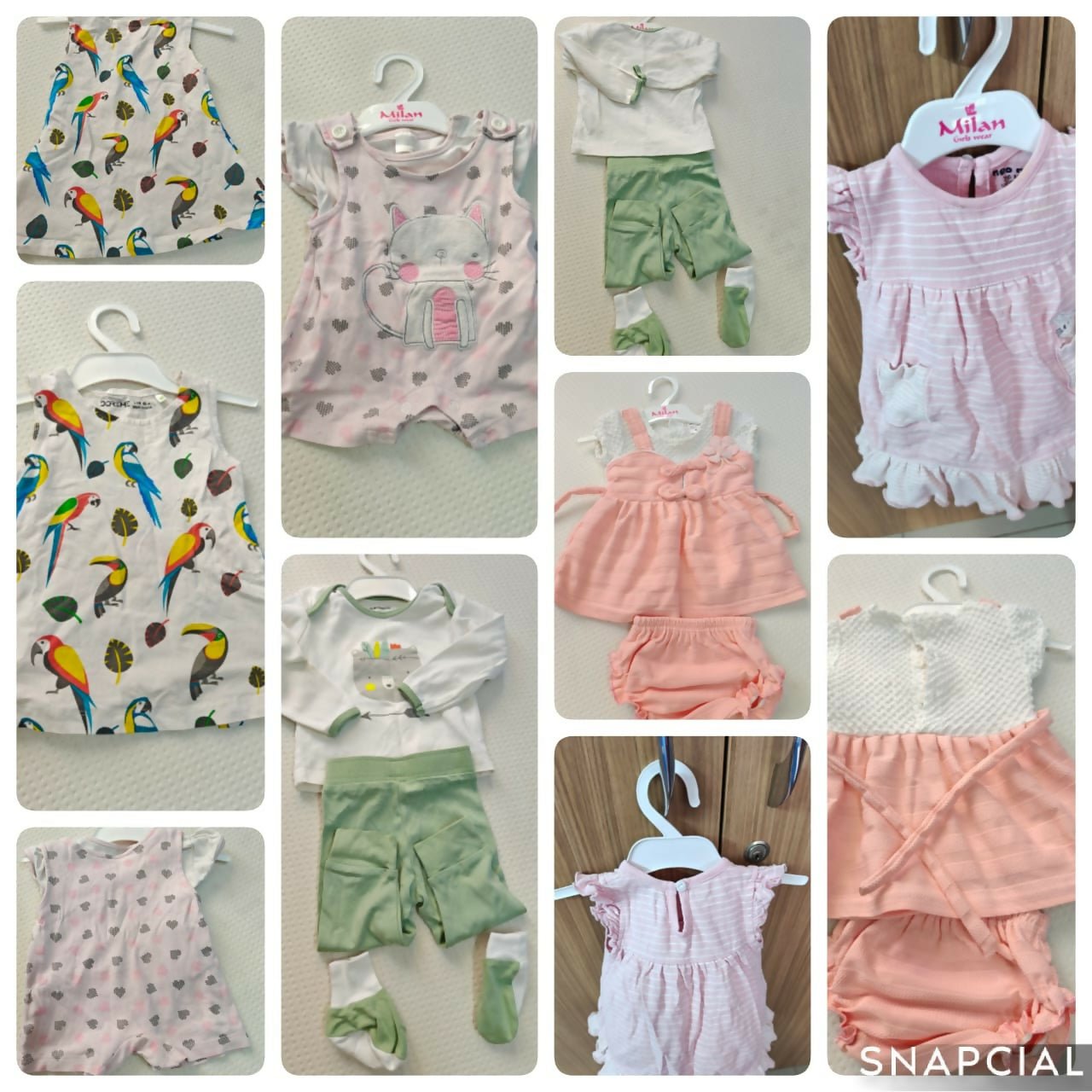 Collage of various children's clothing items on hangers with visible brand labels.