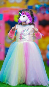 Baby Girl’s Unicorn Themed Frock with Unicorn Hair Band Full Length Gown - PyaraBaby