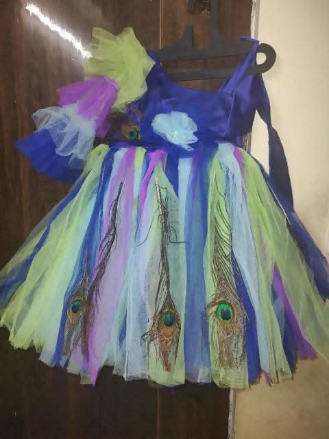 1st Birthday Blue Luxury Real Peacock Feather Kids Dress - PyaraBaby