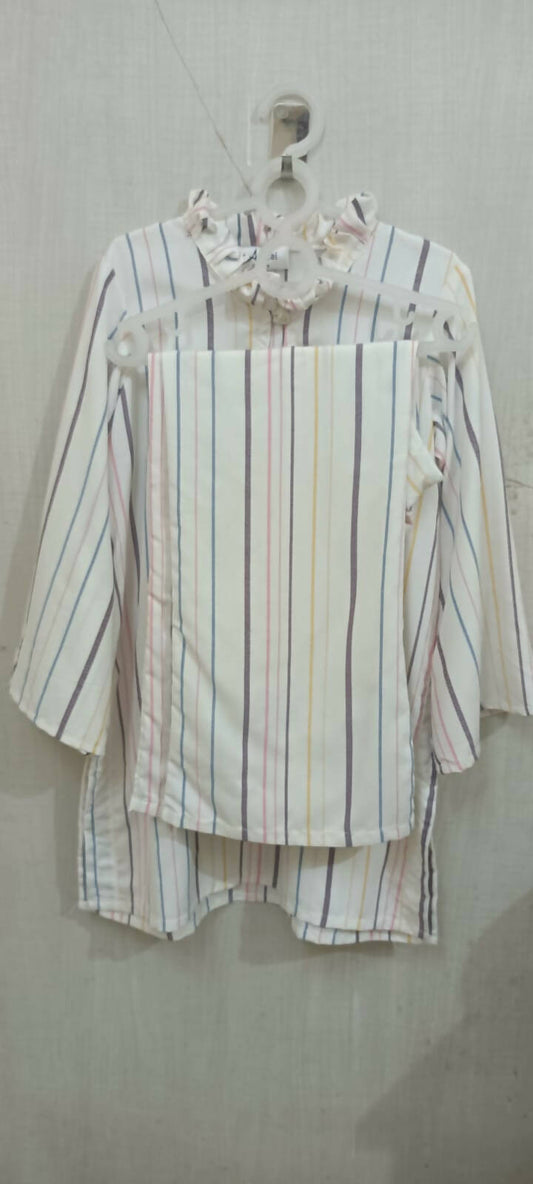 Beautiful White Color with Pink and Blue Stripes Cord Set for Baby Girl - PyaraBaby