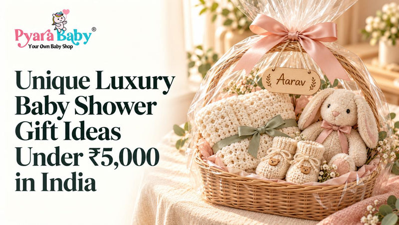 Luxury baby shower gift hamper under ₹5,000 with crochet baby clothes and a bunny plush toy.
