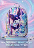 Holographic Backpack – 14 Inch featuring a shiny iridescent finish, spacious main compartment, adjustable shoulder straps, secure zip closure, and lightweight design for school, outings, travel, and everyday use.