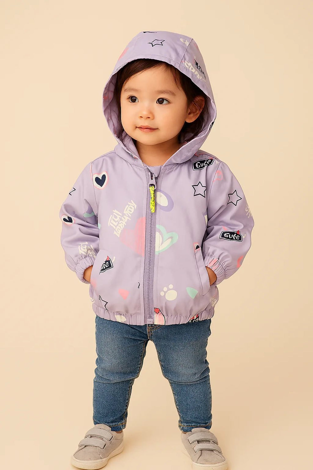 Child wearing a light purple jacket with colorful patches 
