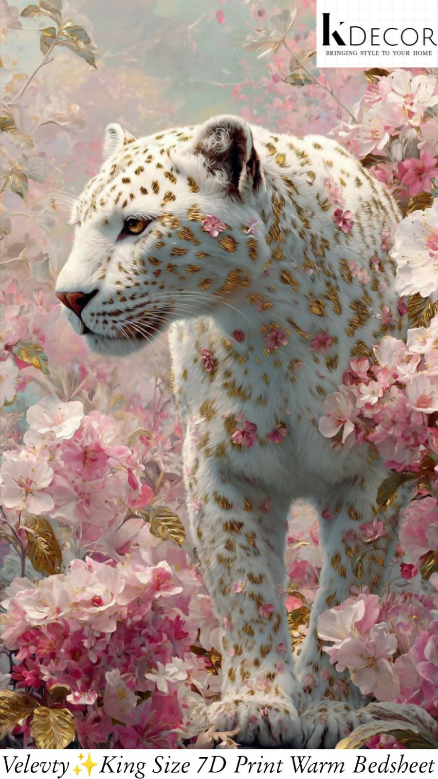 White leopard surrounded by pink flowers bedsheet.