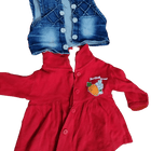 Red dress with a blue denim jacket on a white background