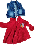 Red dress with a blue denim jacket on a white background