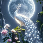 White peacock with a full moon in the background, surrounded by flowers and foliage bedsheet. 