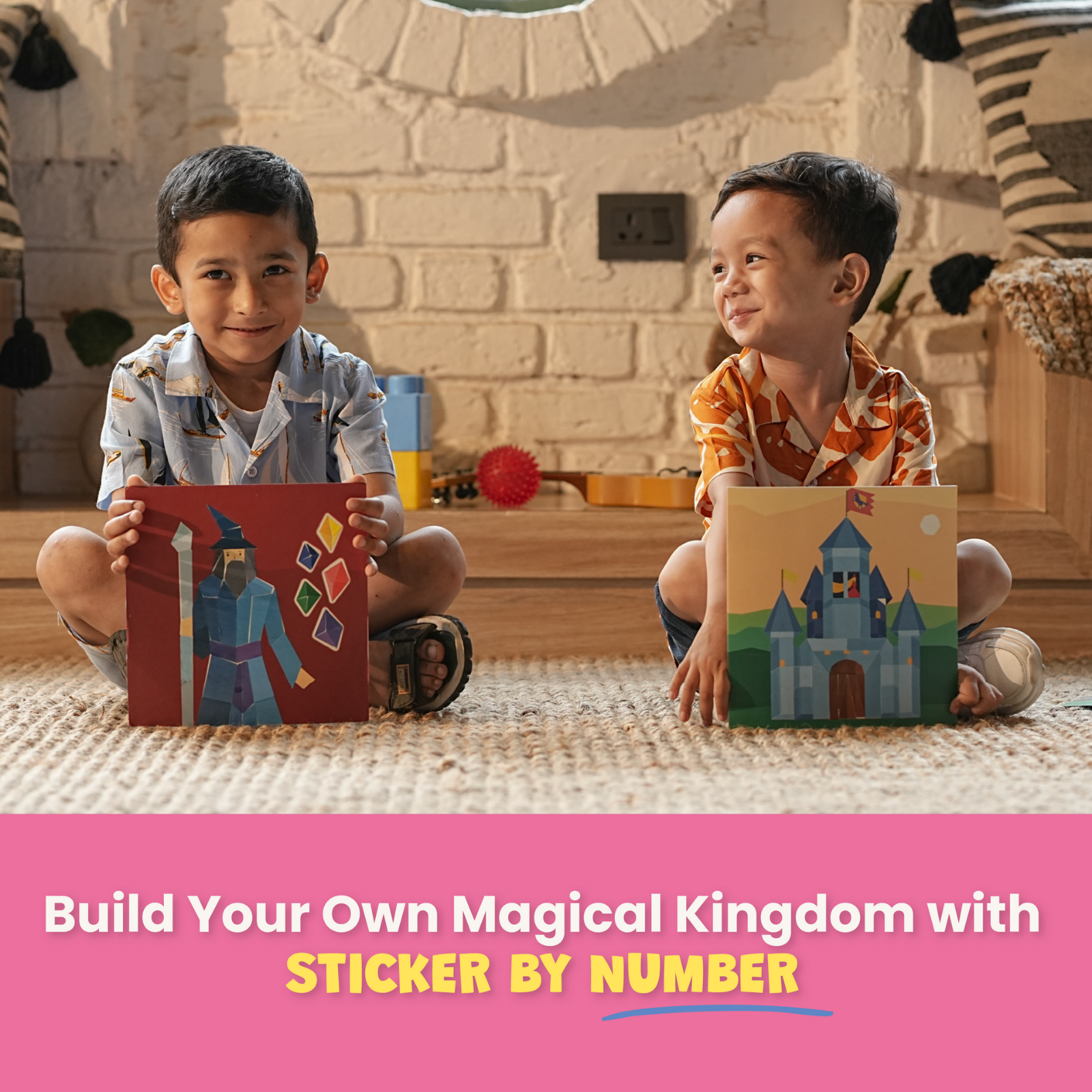 Two children holding up their artwork with a pink banner at the bottom.