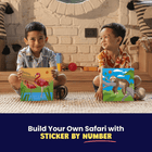 Two children holding colorful safari-themed sticker books in a room with toys and decorations.