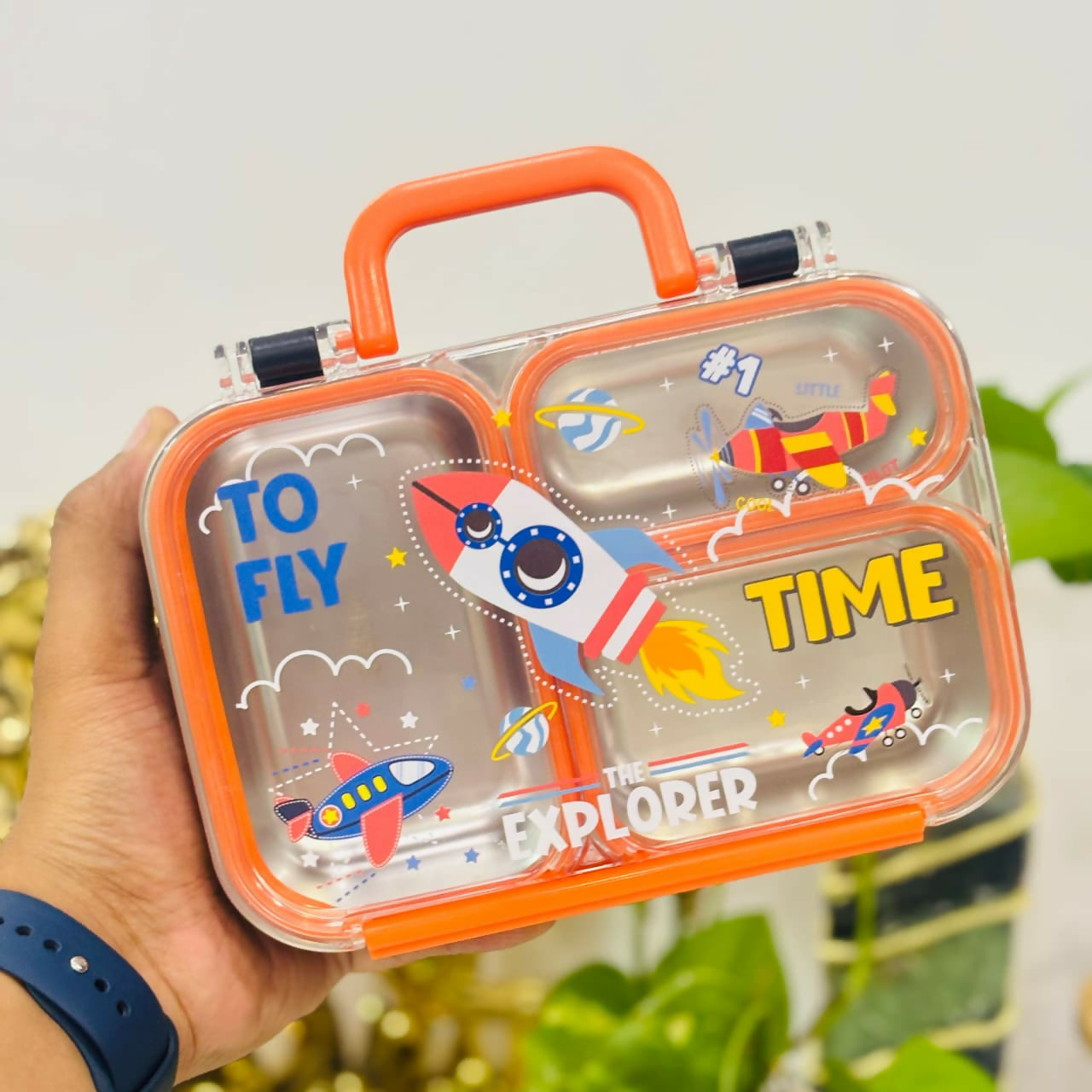 3-grid stainless steel lunch box with separate compartments, durable food-grade construction, secure lid, and a compact design to keep meals organized for school, work, and travel.