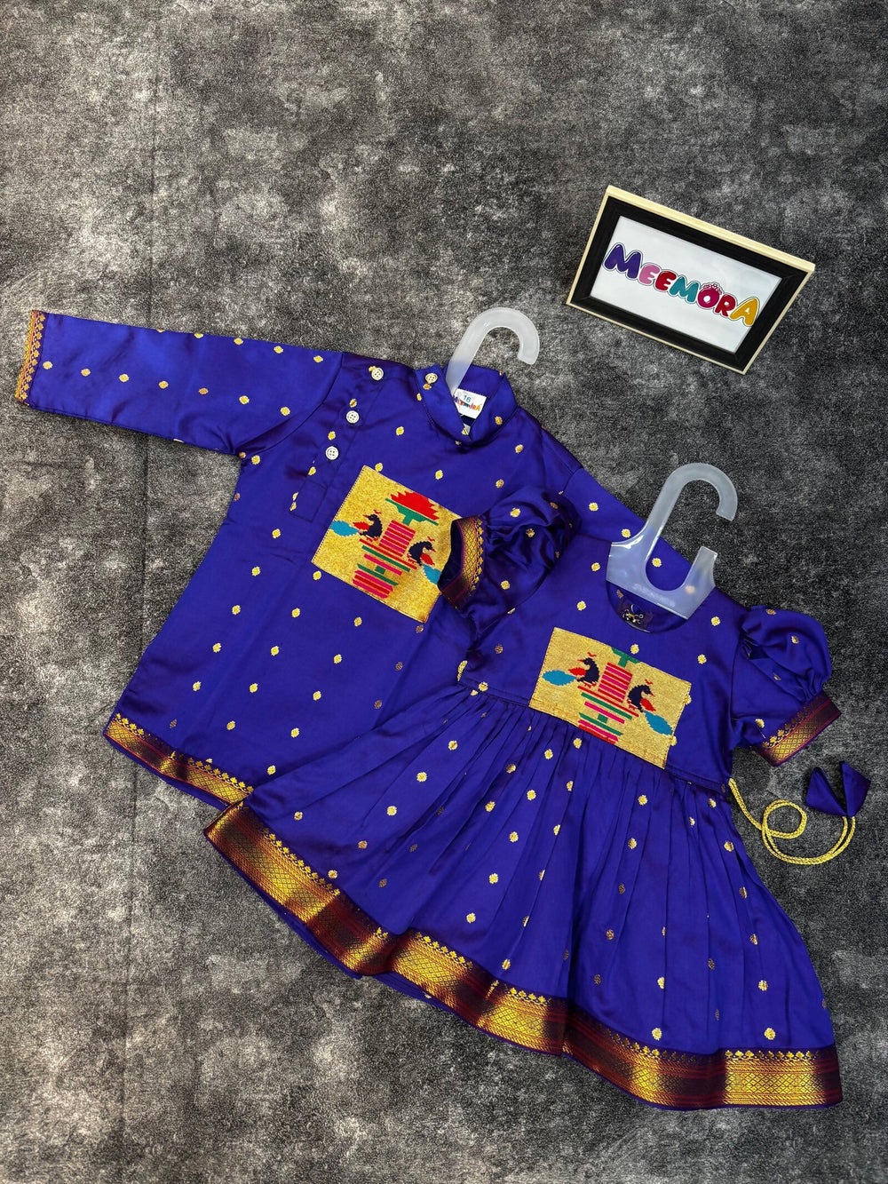 Indigo Paithani Peacock Patch Frock & Kurta Pajama Twinning Combo