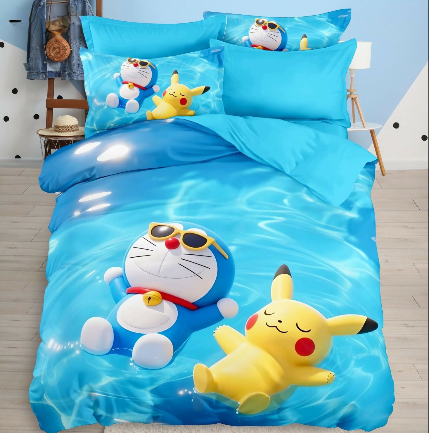 Bedding set with Doraemon and Pikachu design 