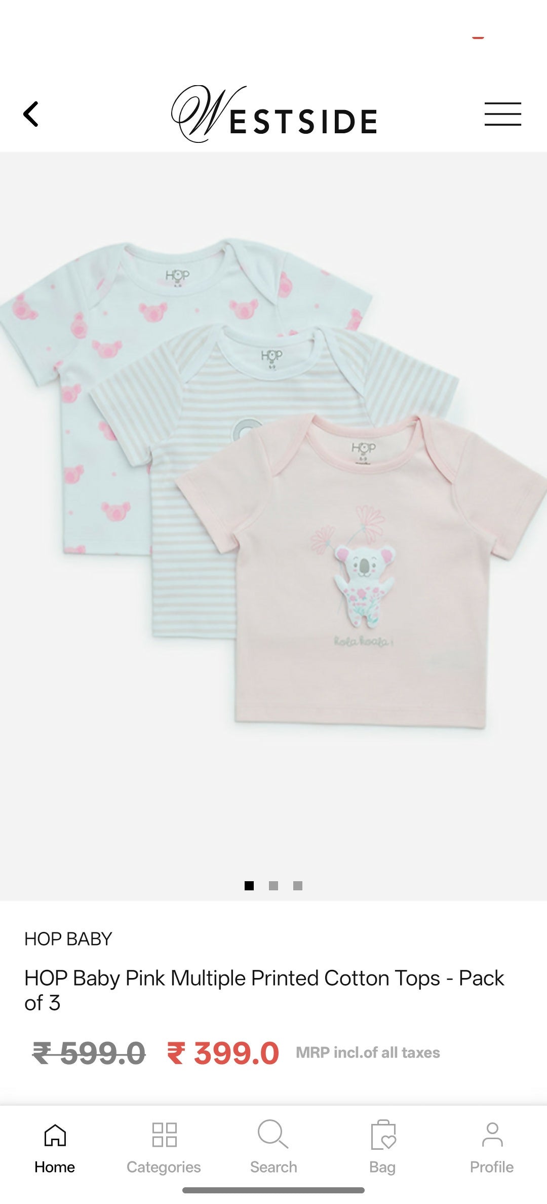 Three baby t-shirts with different patterns on a Westside app interface.