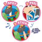 Three cartoon stickers showing a character, a peel action, and the completed sticker with text 'No mess. All smiles.
